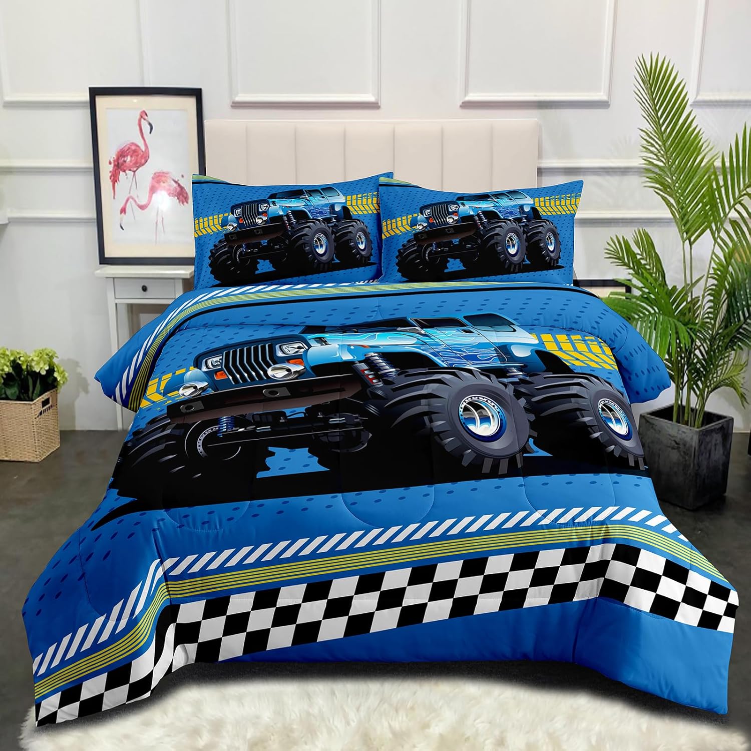 Edredón de camión monstruo azul, tamaño individual, juego de ropa de cama con estampado de camión monstruo para niños pequeños, 1 edredón con 2