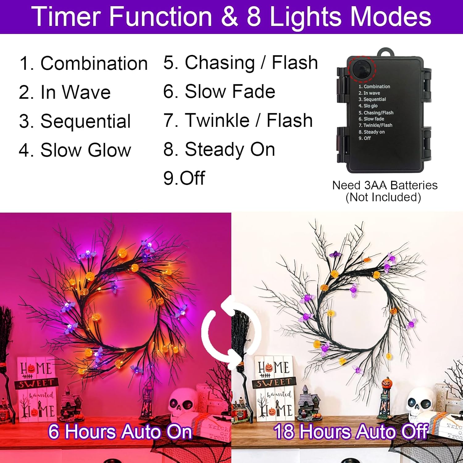Guirnalda de decoración de ramitas de sauce de Halloween de 6 pies con 57 luces LED con temporizador, 9 calabazas y 7 murciélagos, impermeable,