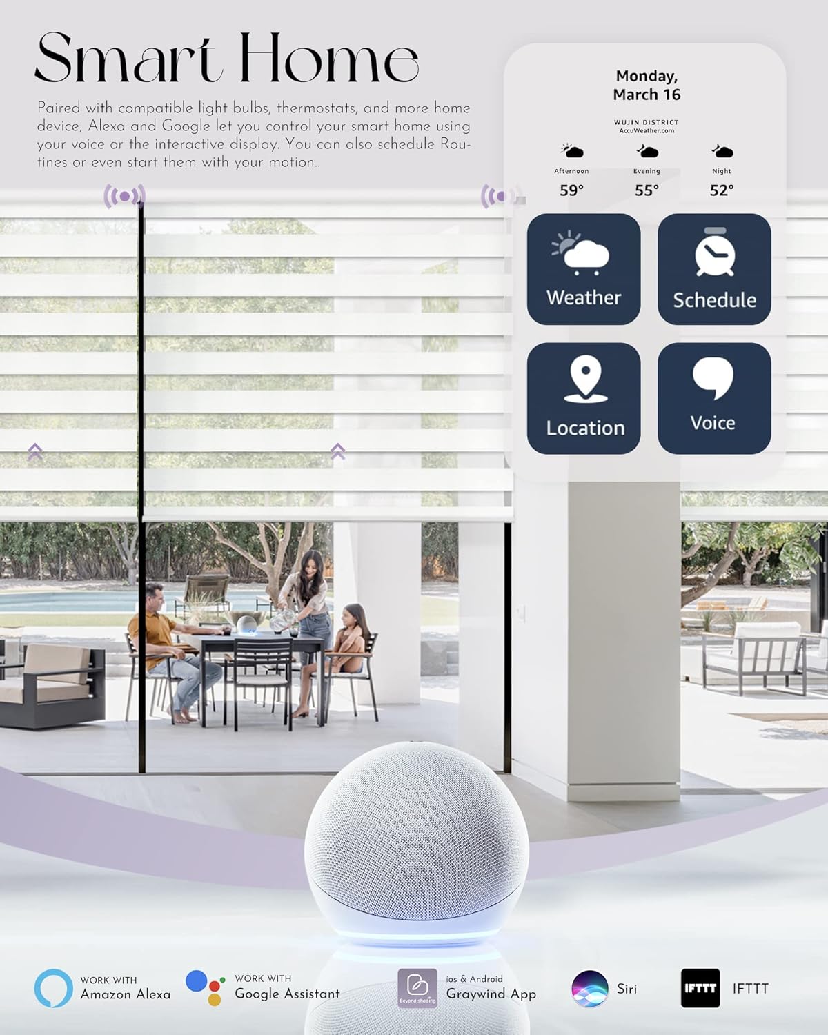 Graywind Persianas horizontales motorizadas de cebra compatibles con Alexa Google WiFi, persianas enchufables con cable para filtrar la luz, tamaño