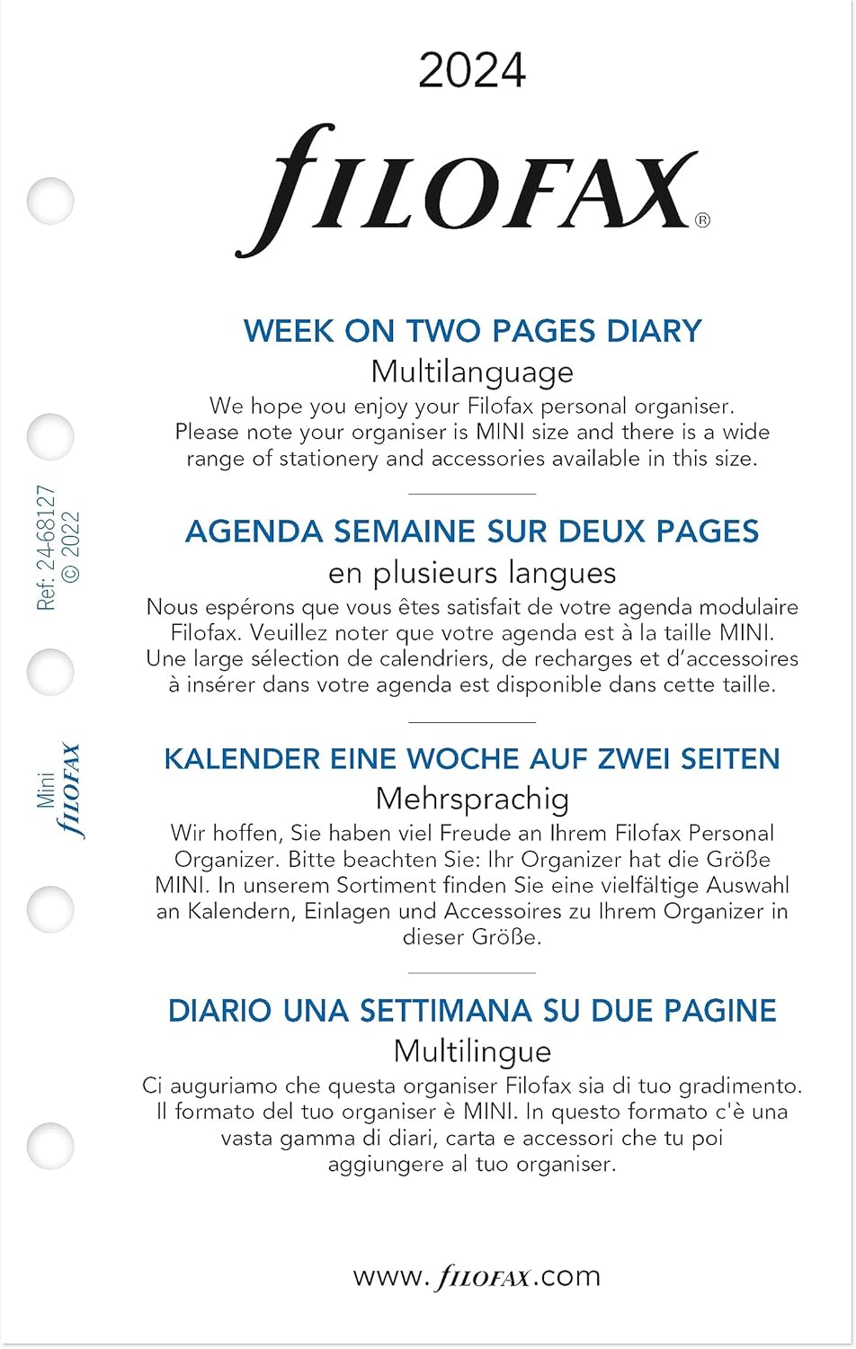 Filofax Recambio de diario de calendario, tamaño mini, semana-a-vista, libro blanco, sin rayas, multilingüe cuatro idiomas, 2024 (C68127-24)