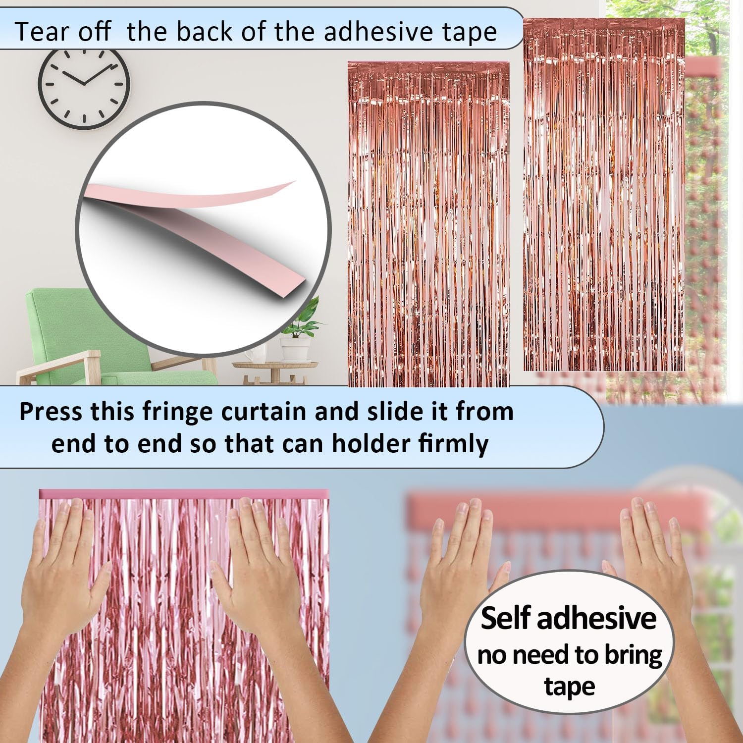 Decoraciones de despedida de soltera, 4 paquetes de cortinas de flecos de papel de aluminio de oro rosa de 3.3 x 6.6 pies, serpentinas metálicas de