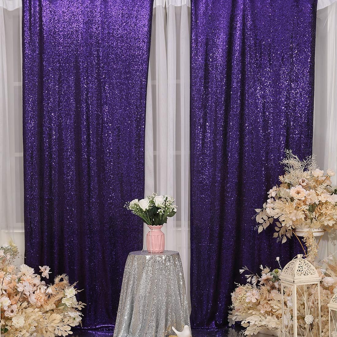 SquarePie Telón de fondo de lentejuelas de 2 x 8 pies, 2 cortinas brillantes de fondo morado para decoración de fiesta de boda de Halloween