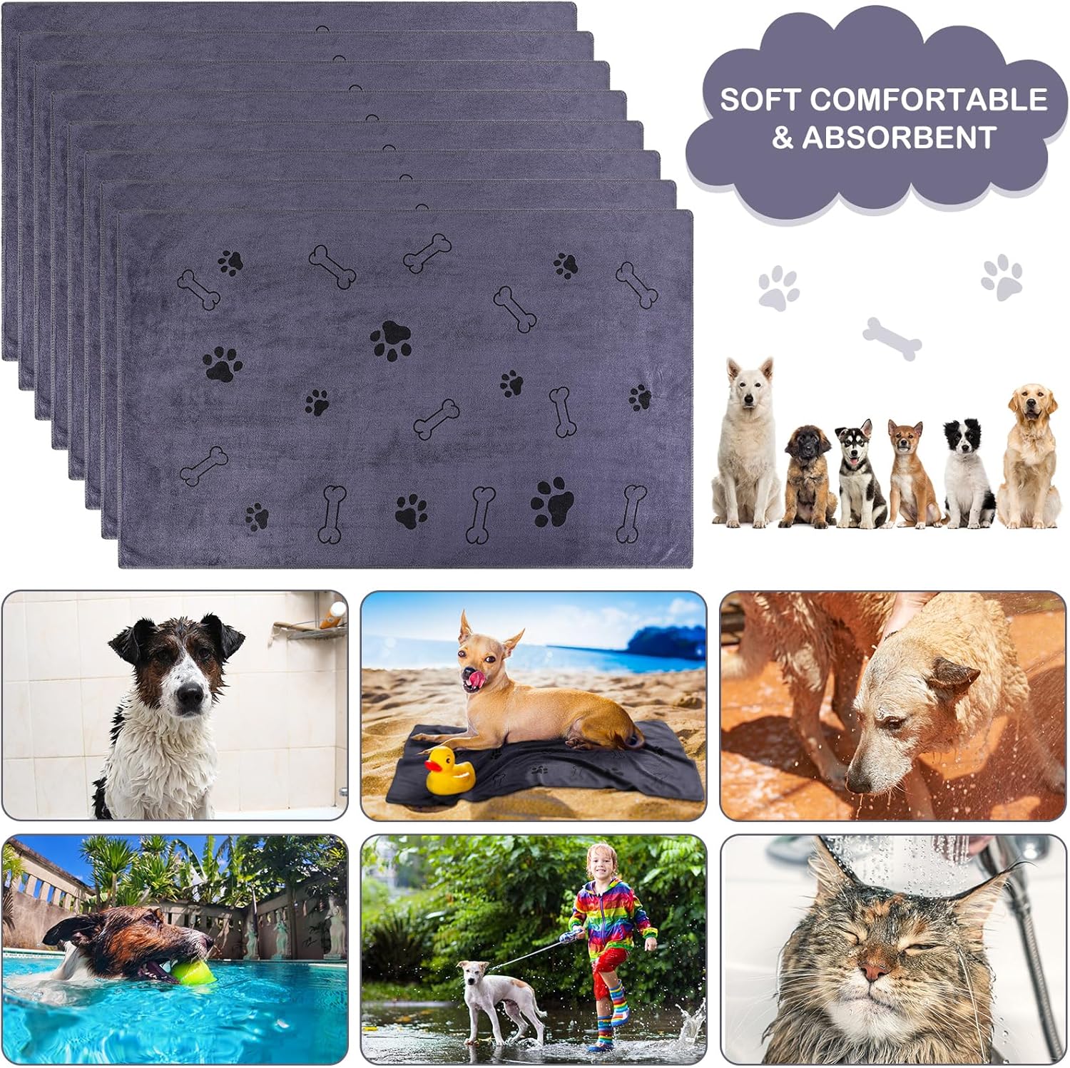8 toallas a granel para perros y gatos, toallas para mascotas, toallas de microfibra de secado rápido con patas de perro, suministros de baño