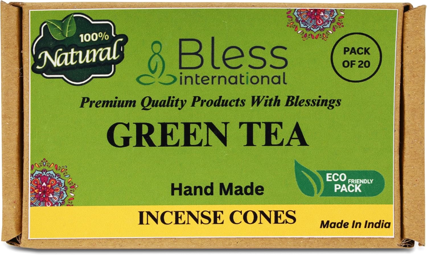 Bless International Té verde 100% natural, conos de incienso hechos a mano, sumergidos a mano, orgánicos, sin productos químicos para purificación,