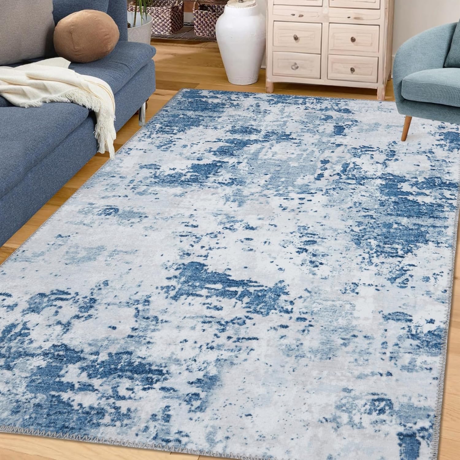 Zacoo Alfombra lavable de 8 x 10 pies, alfombra abstracta con estampado azul, alfombra de pelo bajo, alfombra de área grande, alfombra moderna