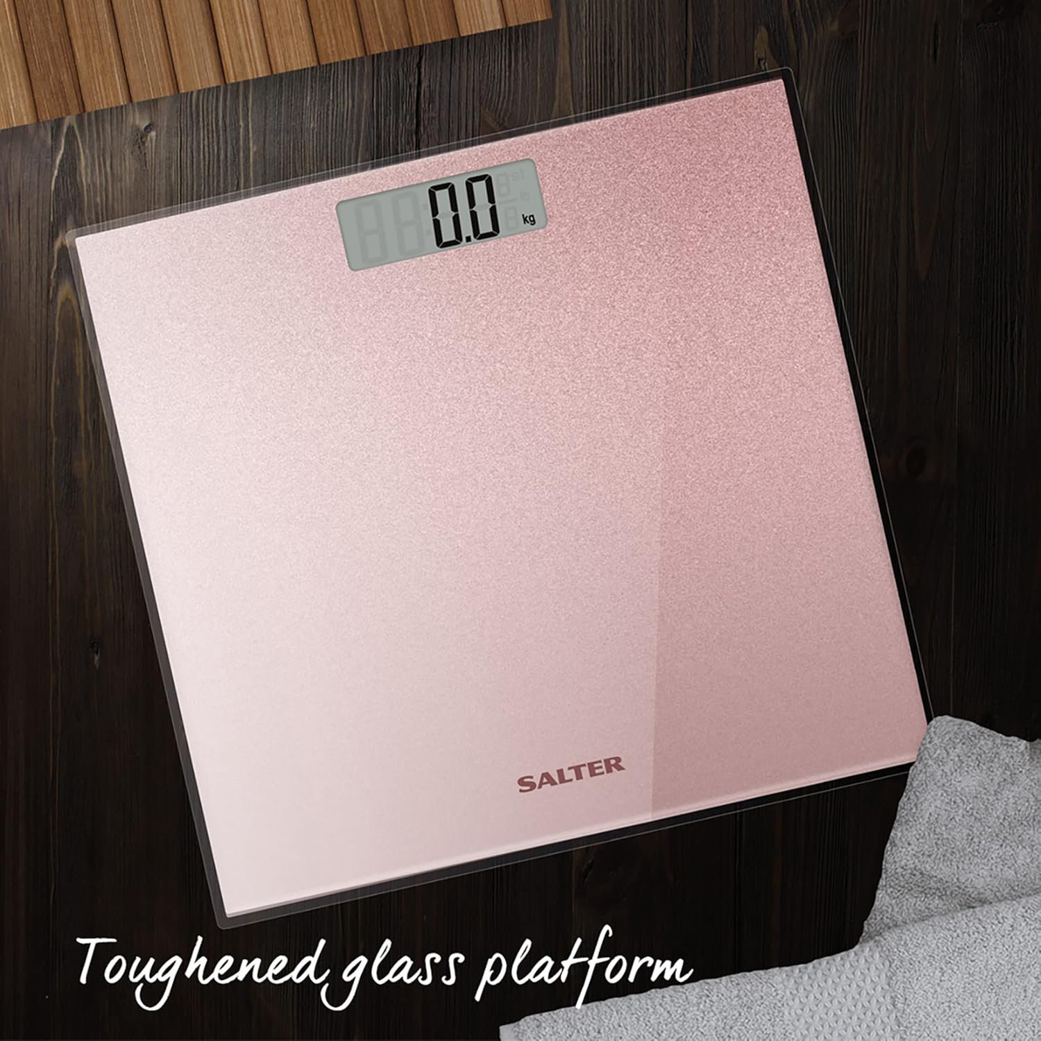 Salter 9037 RGGL3R – Báscula digital de baño  Báscula de pesaje corporal de oro rosa, plataforma de vidrio templado, pantalla grande de fácil