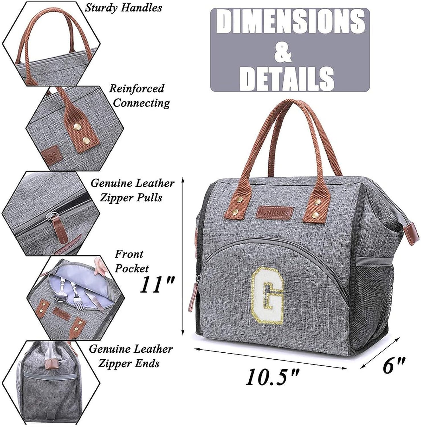 LOKASS Lonchera con iniciales para mujeres, bolsa de almuerzo aislada y reutilizable para adultos, para el trabajo, picnic, colegio, regalo