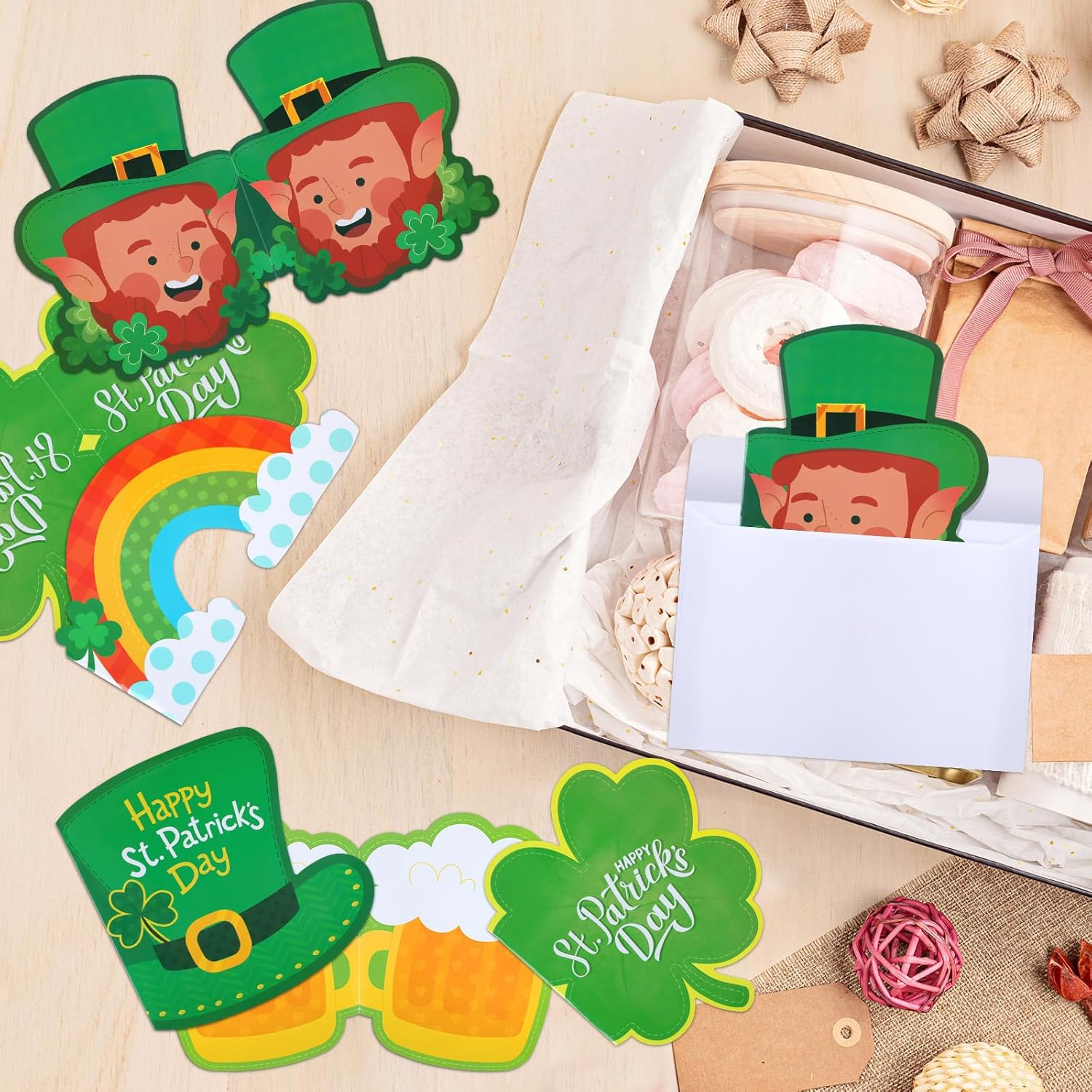 30 juegos de tarjetas del día de San Patricio con sobres, tarjetas de felicitación irlandesas de trébol, en blanco, forma irregular, duende verde,