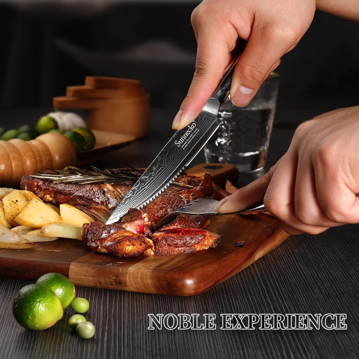 Sunnecko Damasco – Juego de 8 cuchillos para carne de acero inoxidable VG10 con dentadura y dentados, aptos para lavavajillas, juego de cuchillos y