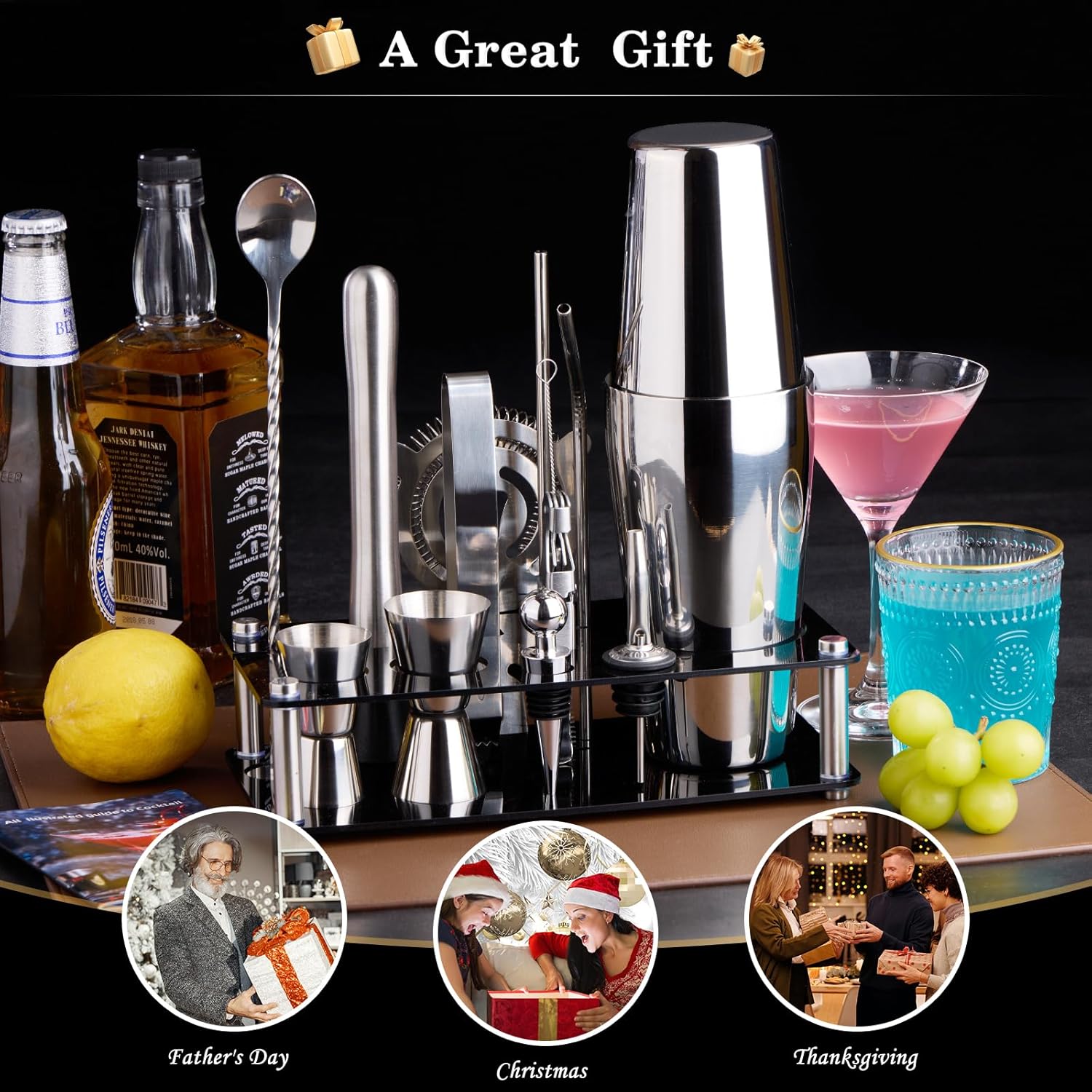 Juego de coctelera de camarero juego de herramientas de barra de 15 piezas con barra acrílica con todos los accesorios prácticos de bar, para