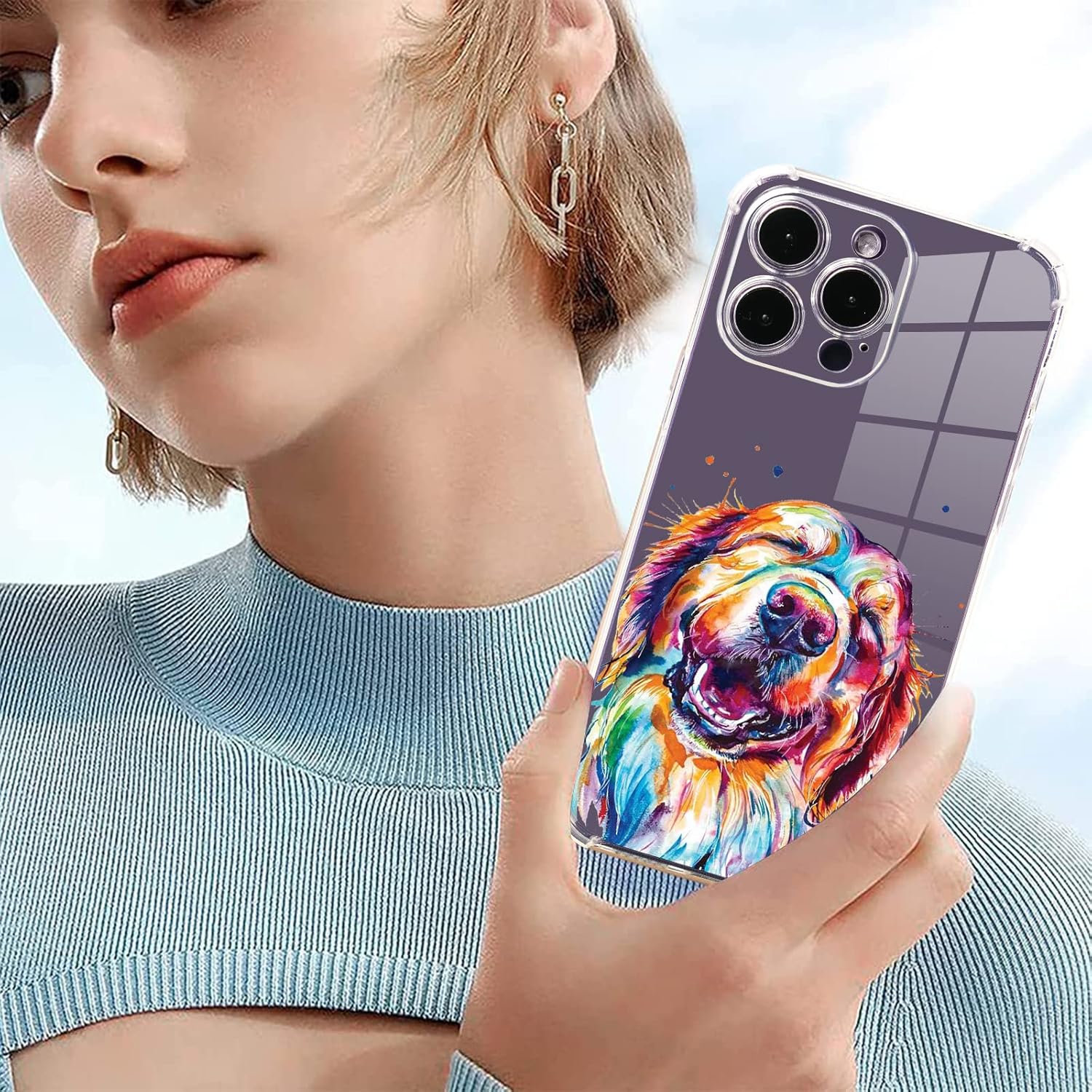 Roemary Buffertech – Funda protectora para iPhone 15 Pro Max con diseño Golden Retriever, diseño de arcoíris con protector de pantalla impacto de