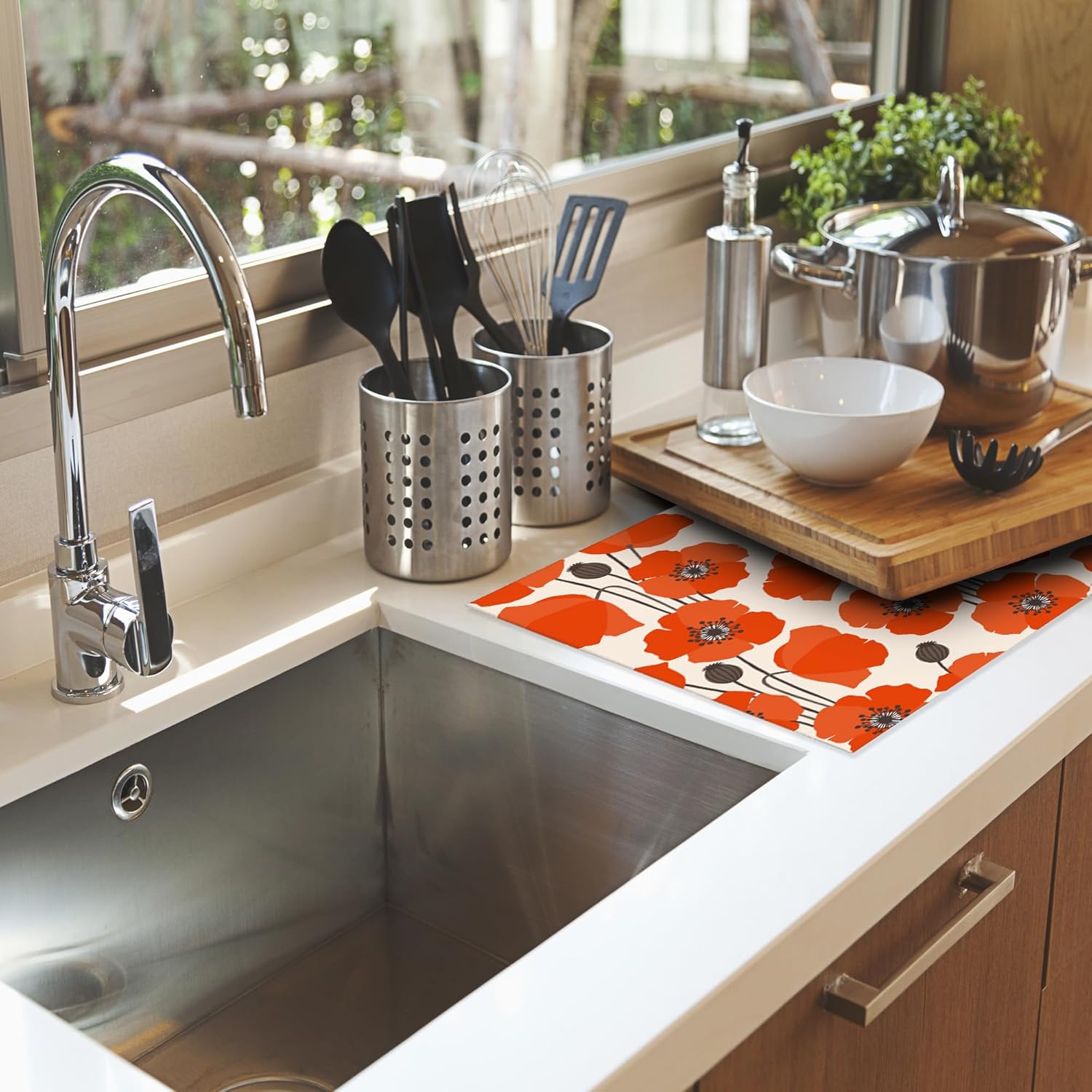 UIUPRO Tapete de secado de platos con flores de amapola roja para decoración de encimera de cocina, almohadilla de secado de platos, almohadilla