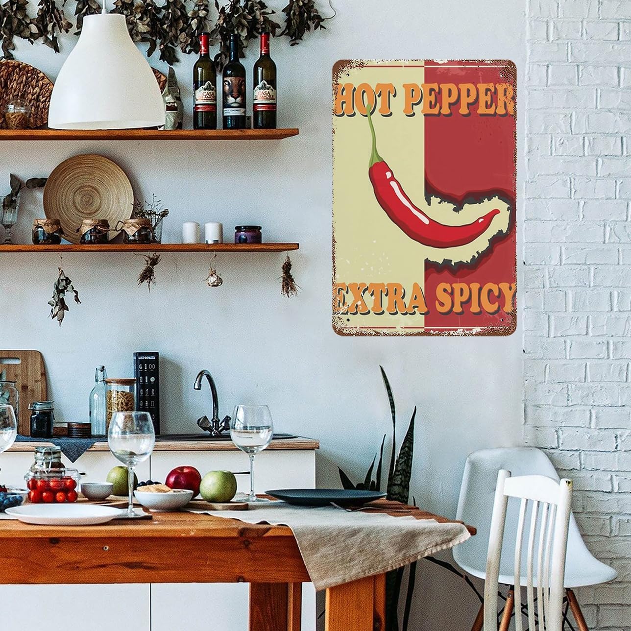 Cartel de metal de 8 x 12 pulgadas, vintage, extra picante, decoración de pared retro, acuarela de granja, ají rojo fresco, letrero de lata retro