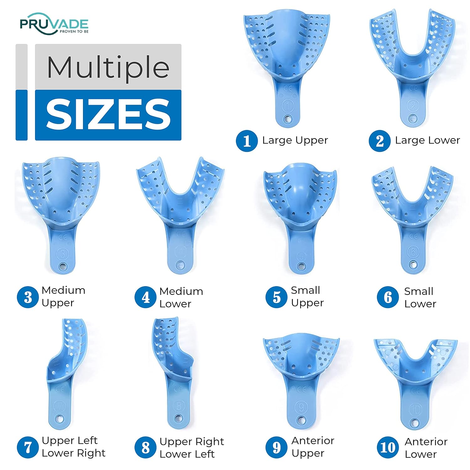 Bandejas de impresión dental, perforadas, desechables, de plástico, 12 unidades, tamaño 10, parte inferior anterior