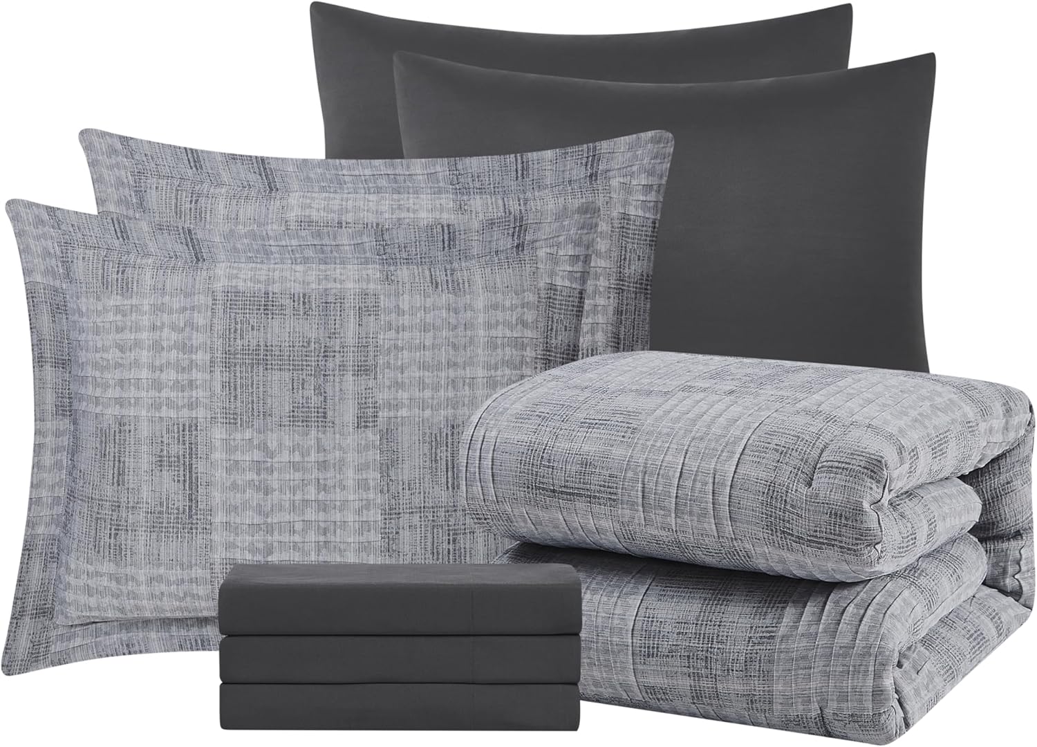 MaiRêve Juego de edredón gris carbón, diseño texturizado, cama arrugada gris en una bolsa, tamaño King, juego de edredón de 7 piezas con edredón,