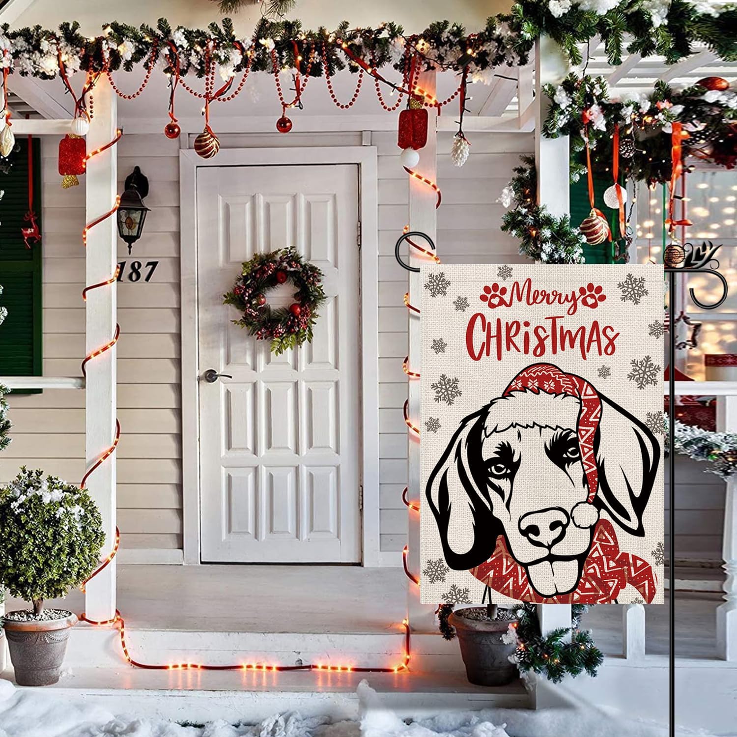 Sombrero de bandera de jardín de Navidad, perro beagle con bufanda, decoración navideña de invierno, vacaciones, arpillera, vertical, doble cara,