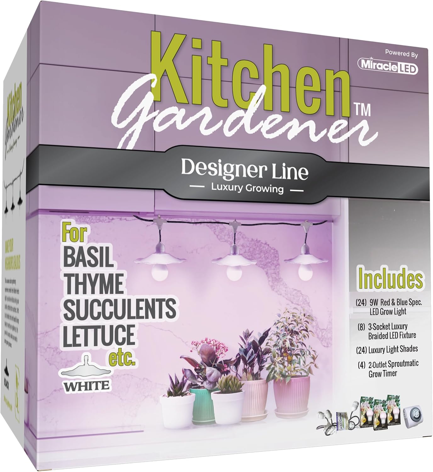 Miracle LED Kitchen Gardener Designer Line – Kit de cultivo para interiores, incluye 3 bombillas de cultivo de 100 W de espectro rojo y azul de luz