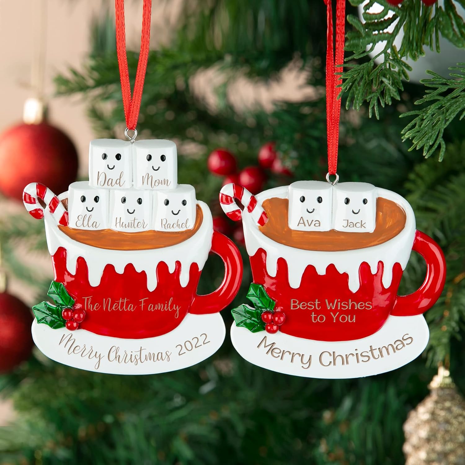 Adornos de Navidad personalizados para la familia 2023 con nombre grabado, taza de resina, decoración de árbol de Navidad, regalos para niños,