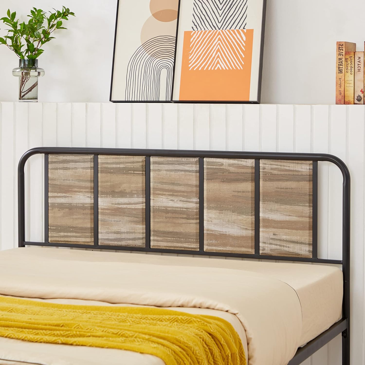 VECELO Base de cama de plataforma de tamaño matrimonial con cabecera de madera, base de colchón, soporte de listones de acero de alta calidad, no