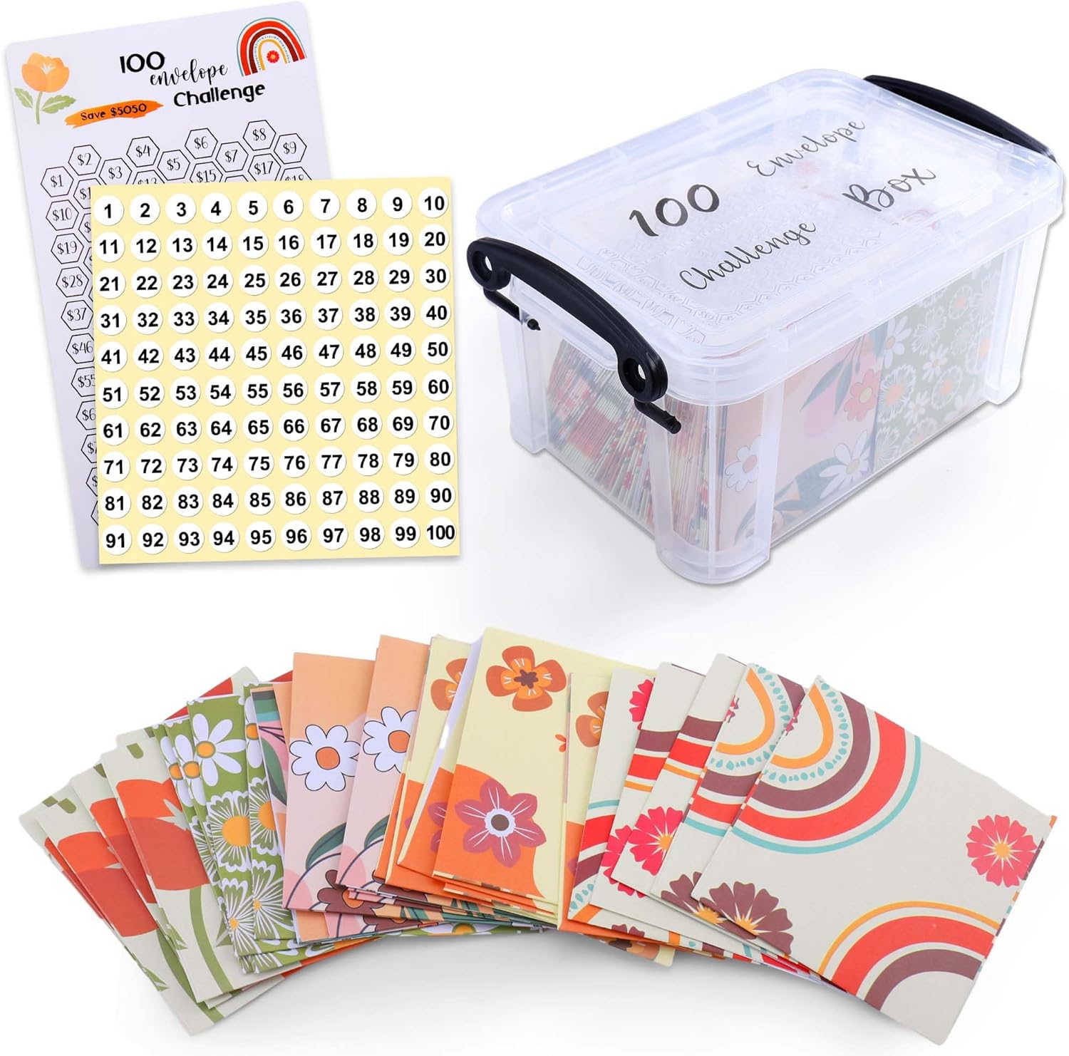Vodolo Juego de caja de desafío de 100 sobres, almacenamiento de ahorro de dinero, carpeta presupuestaria de ahorro de efectivo, kit de caja de