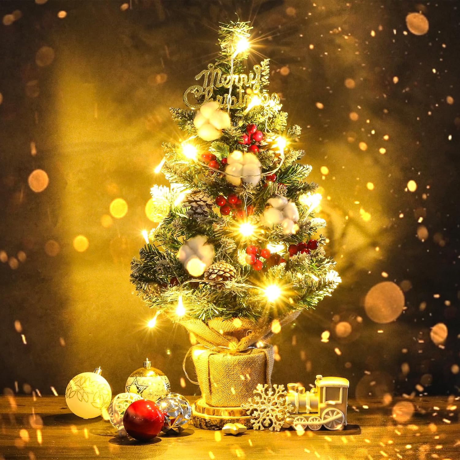 Mini árbol de Navidad artificial, de 21 pulgadas, pequeño árbol de Navidad flocado de nieve con adornos colgantes para vacaciones, interiores,
