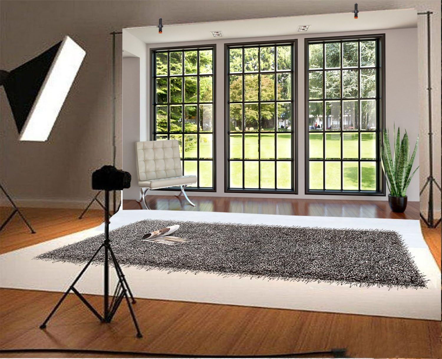 Yeele Telón de fondo moderno de 7 x 5 pies para ventana francesa para fotografía, sala de estar, interior, sofá, fondo de plantas, niños, bebés,