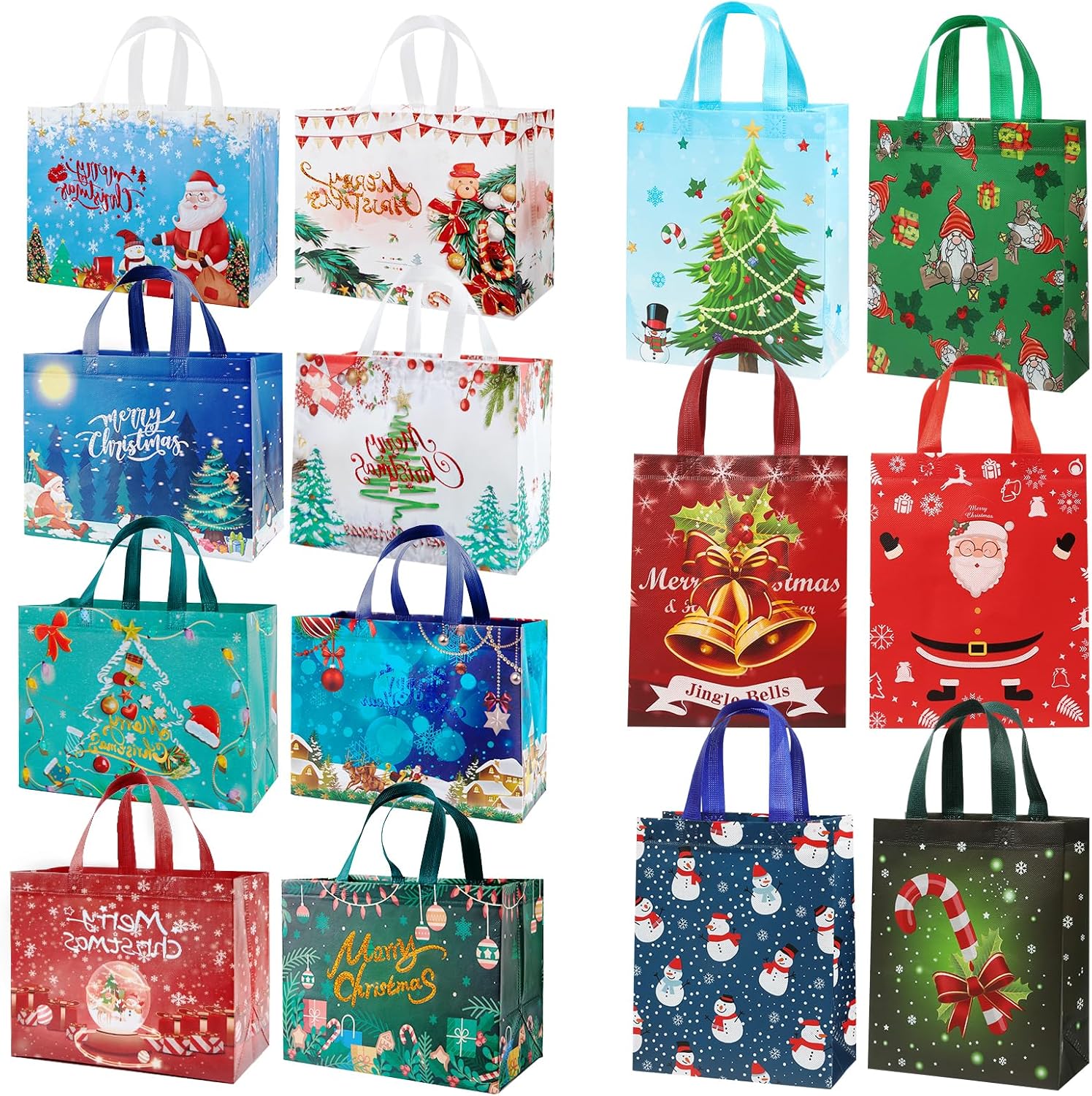 YANGTE Paquete de 32 bolsas de regalo de Navidad de varios tamaños, 14 estilos reutilizables con asa, incluye 8 grandes 24 bolsas pequeñas de