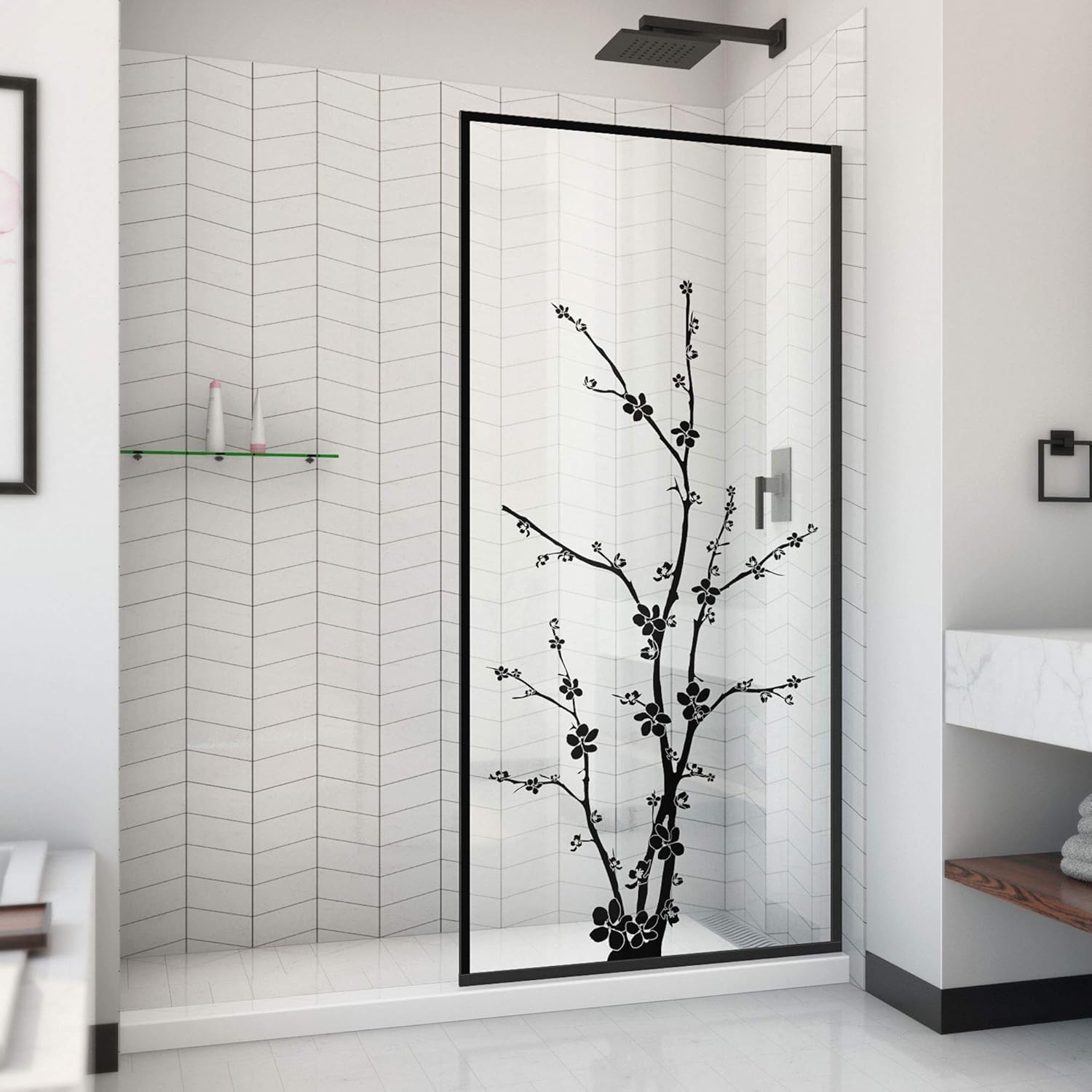 DreamLine Linea Blossom D3234720ZNB-09 – Puerta de ducha sin marco de un solo panel de 34 pulgadas de ancho x 72 pulgadas de alto, diseño de entrada