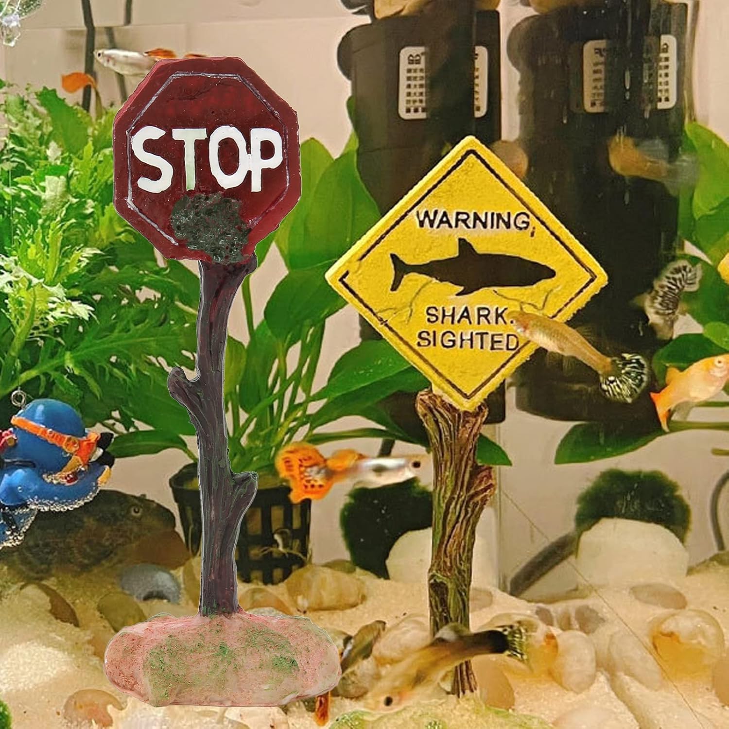HEEPDD Señal de advertencia de parada de acuario, señal de advertencia de pecera de resina, decoración de paisaje para pecera pequeña y mediana