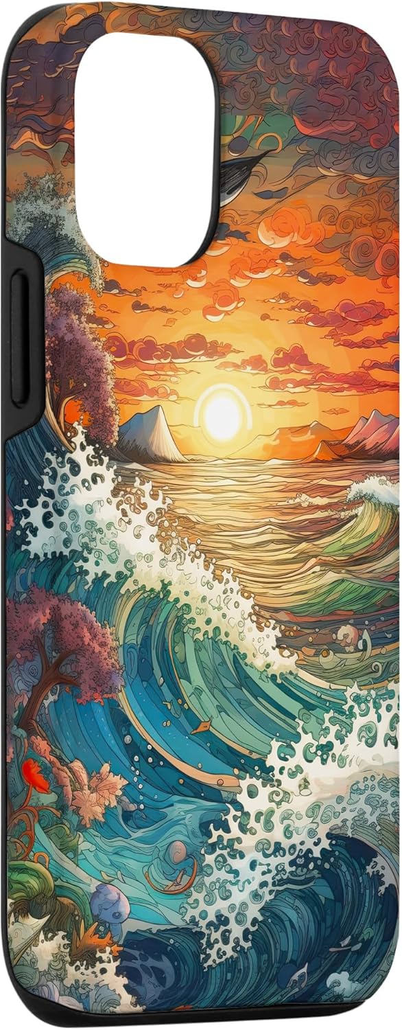 iPhone 13 Sunset Ocean Wave Pintura para amantes de la playa y funda de surfista