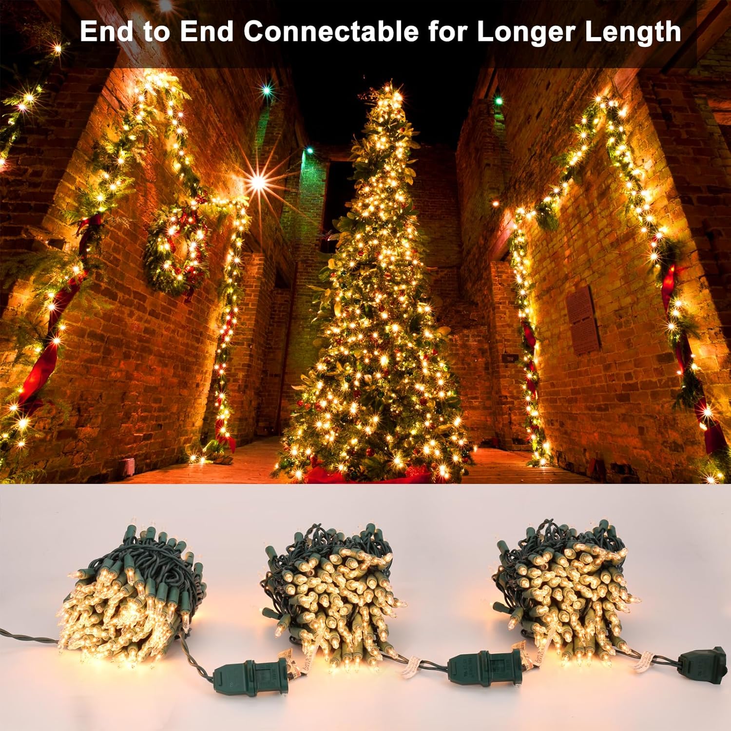 BrizLabs 300 luces de Navidad transparentes conectables de 69.6 pies, luces incandescentes de Navidad blancas cálidas, mini luces de Navidad con