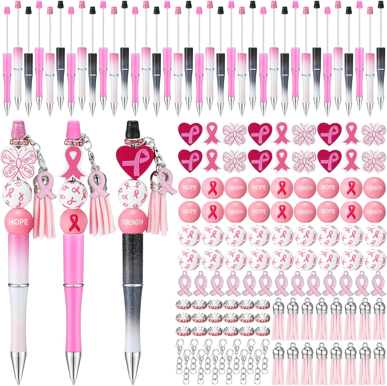 Colarr 60 bolígrafos de cinta rosa para concientización sobre el cáncer de mama, artículos a granel, bolígrafos de plástico con cuentas, bolígrafos
