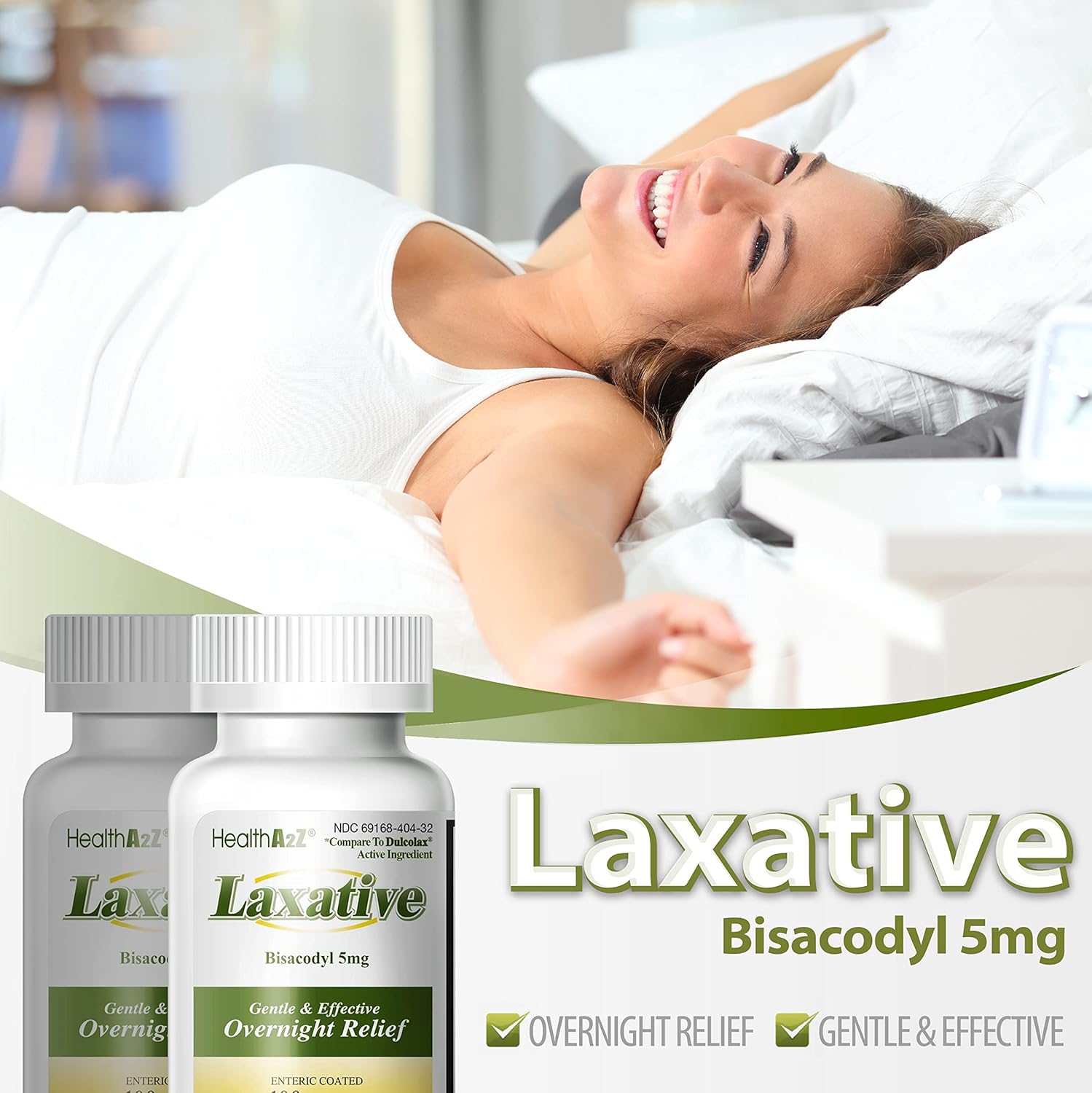 HealthA2Z Laxante Bisacodyl 5mg  100 unidades  Alivio suave y rápido durante la noche para el estreñimiento
