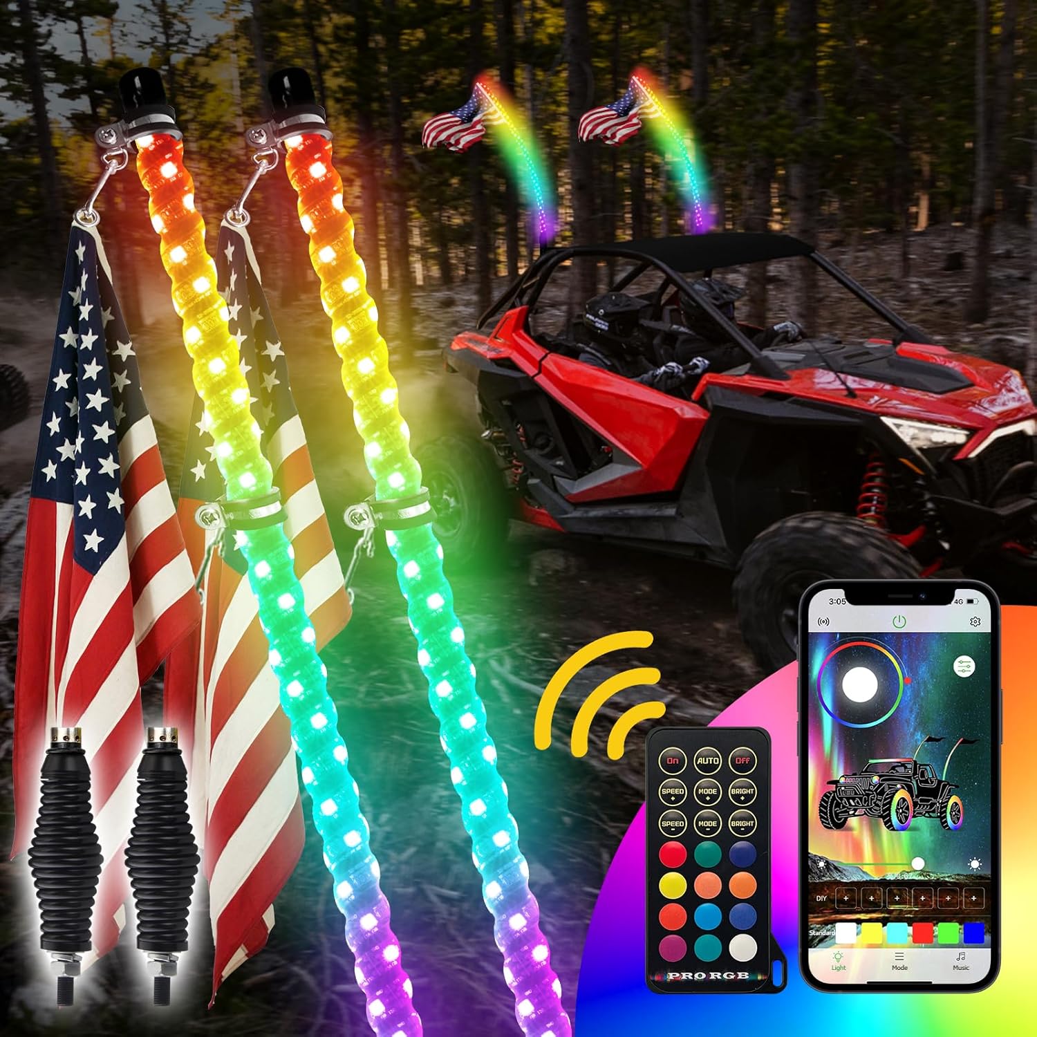 WeiSen 2 luces LED RGB de 4 pies con aplicación Bluetooth, base de resorte de 360 en espiral RGB persecución todoterreno antena iluminada látigos