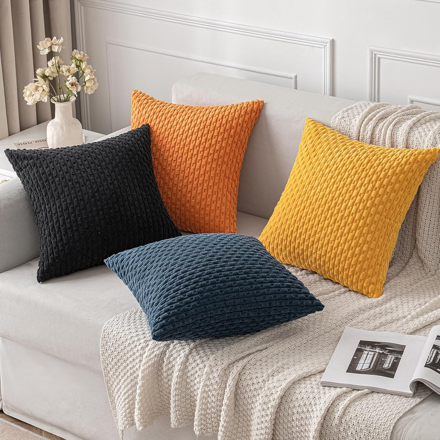 MIULEE Juego de 2 fundas de almohada de pana suave color naranja, fundas de almohada a rayas bohemias para decoración del hogar rural para sofá,