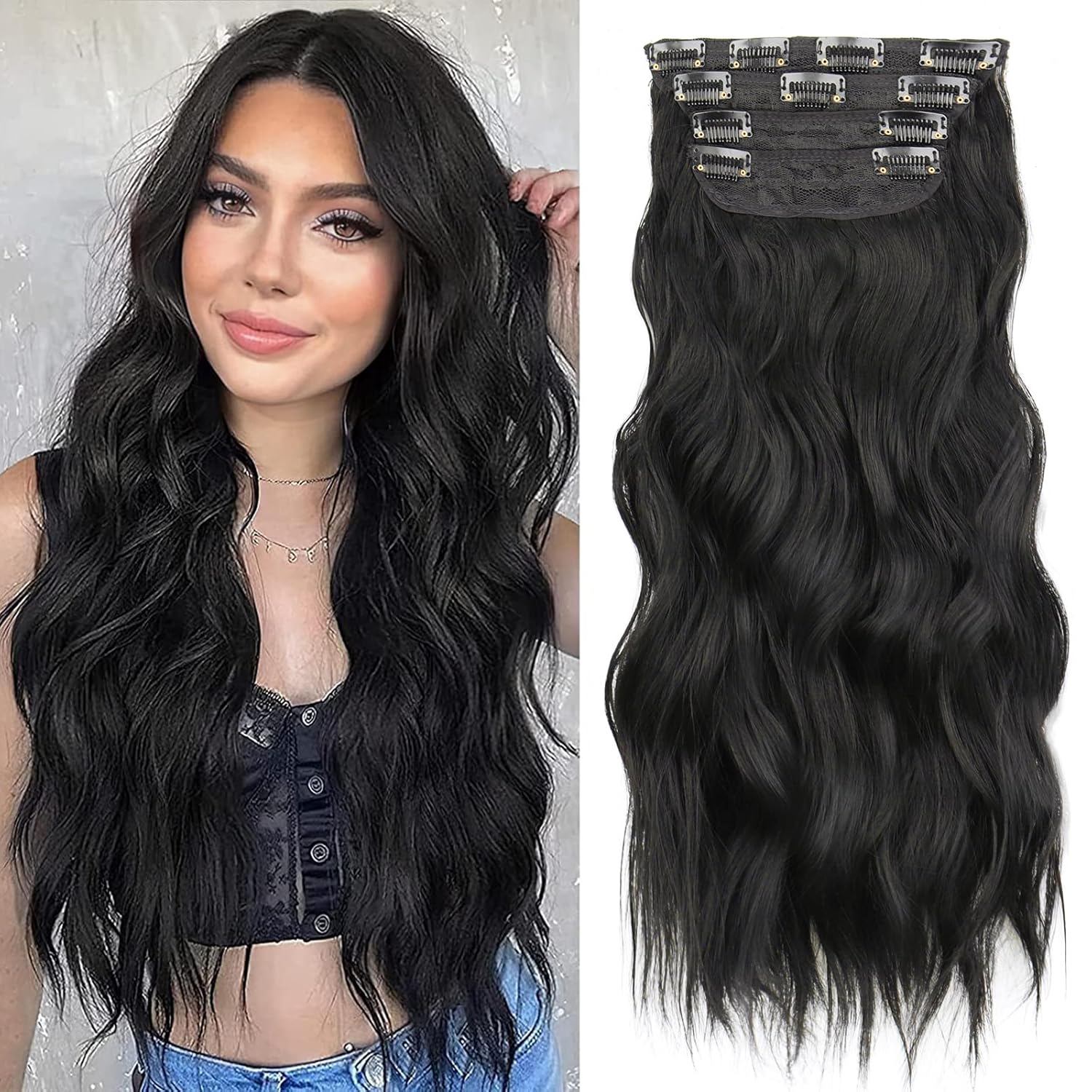 MISSQUEEN Extensión de 20 pulgadas, 4 extensiones de cabello negro natural, extensiones gruesas de doble trama largas onduladas (negro)