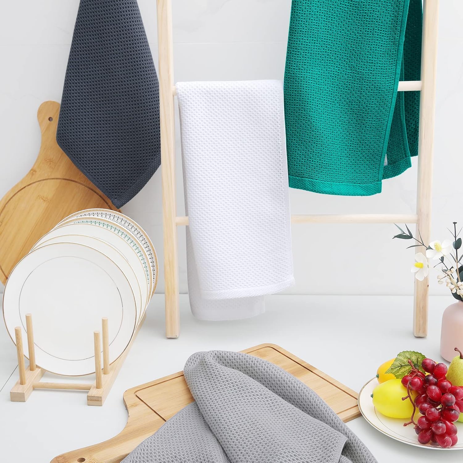 Homaxy Toallas de cocina 100% algodón con tejido gofre, ultra suaves, absorbentes, de secado rápido, 13 x 28 pulgadas, paquete de 4, color verde