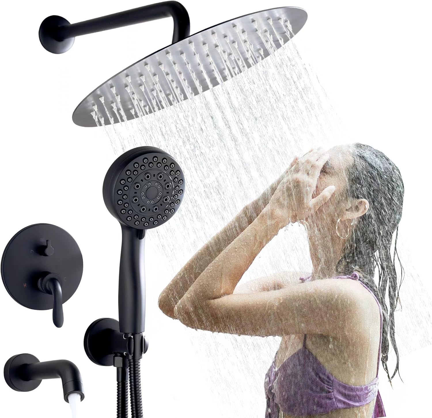 Fransiton Juego de grifo de ducha negro mate de 8 pulgadas con boquilla de bañera, sistema de cabezal de ducha doble 2 en 1 con mano, kit de