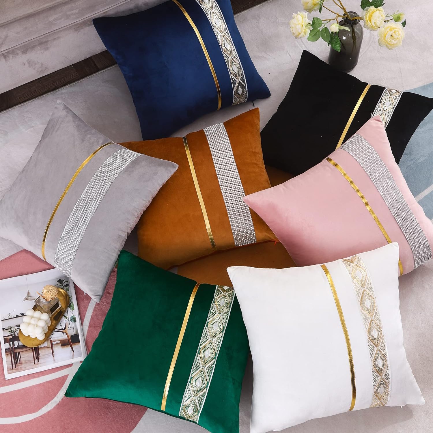 Fundas de almohada de terciopelo blanco de 16 x 16 pulgadas, paquete de 2 con cuero dorado bordado de lentejuelas a rayas, fundas de almohada