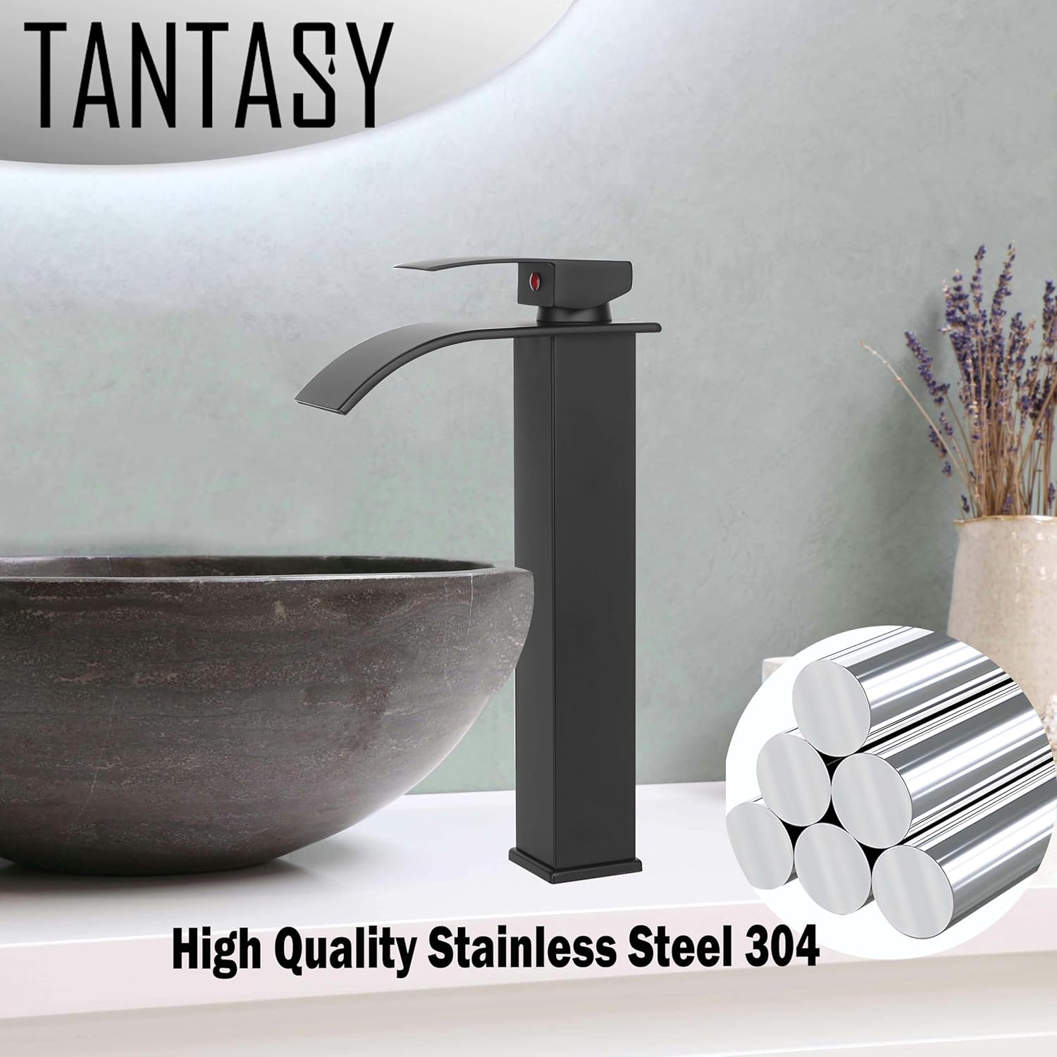 Grifos de baño, grifo de lavabo de cascada, para fregadero de baño, 1 agujero, negro mate, grifo de tocador alto con drenaje combinado de montaje en