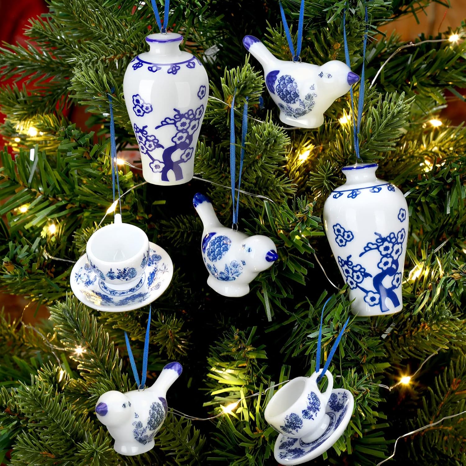 9 piezas de huevos colgantes de Pascua, adornos de porcelana azul y blanco, huevo de Pascua colgante de Pascua, adornos colgantes decorativos para