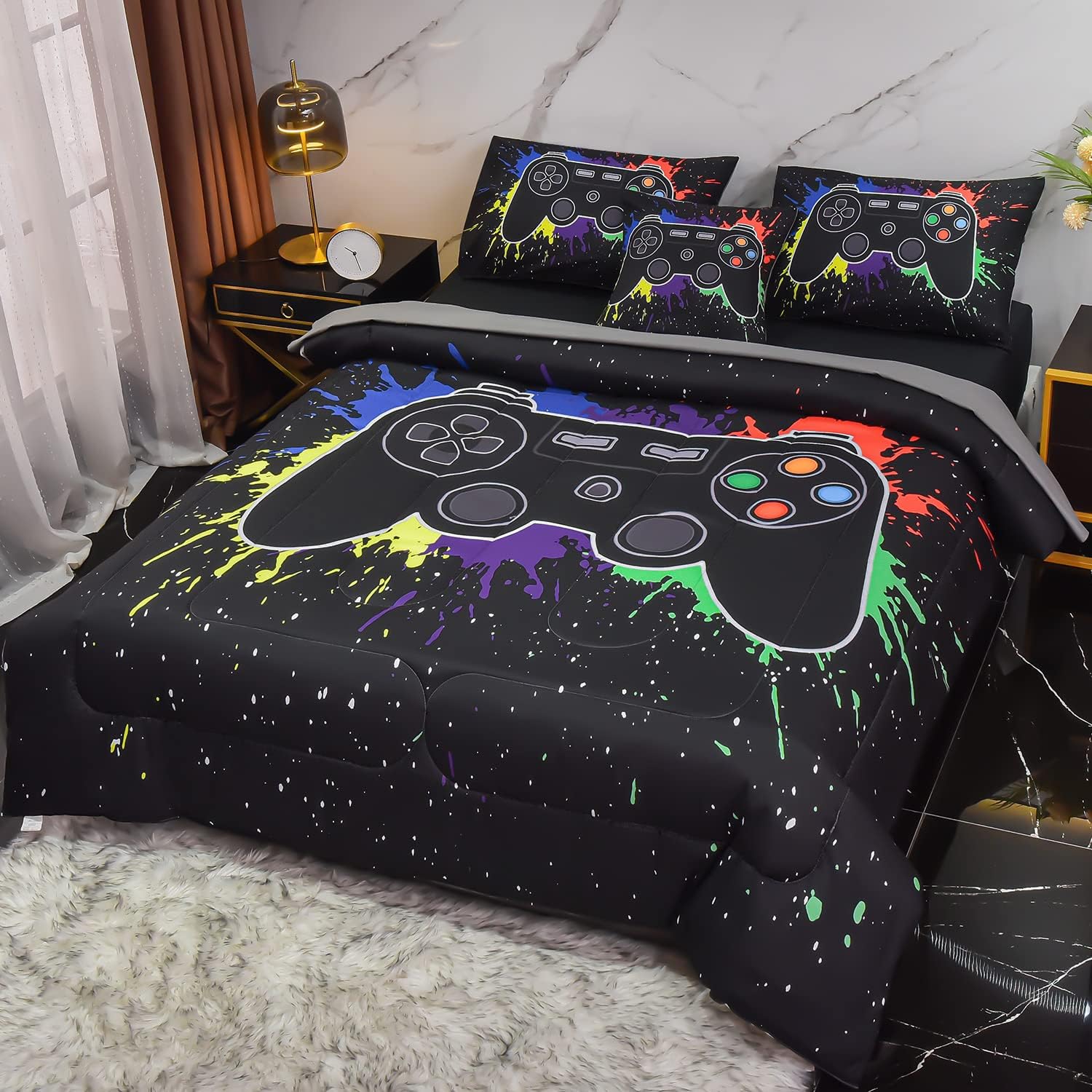 Keyroal Juego de edredón de 6 piezas con sábanas para niños, niñas, niños y adolescentes, ropa de cama con temática de juegos de grafiti colorido en