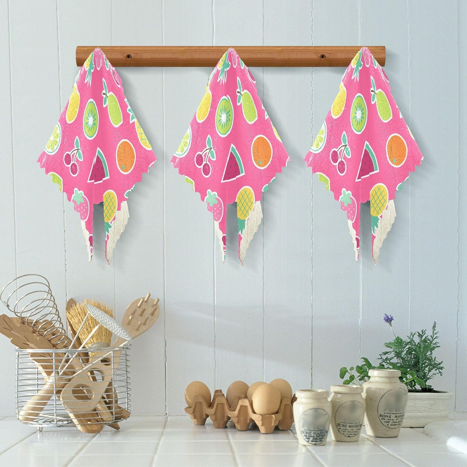 Pink Tropical Fruits Soft Print Microfiber Kitchen Dish Towels Fast Drying Set of 6 Dish Tea Towels for Restaurant Sink