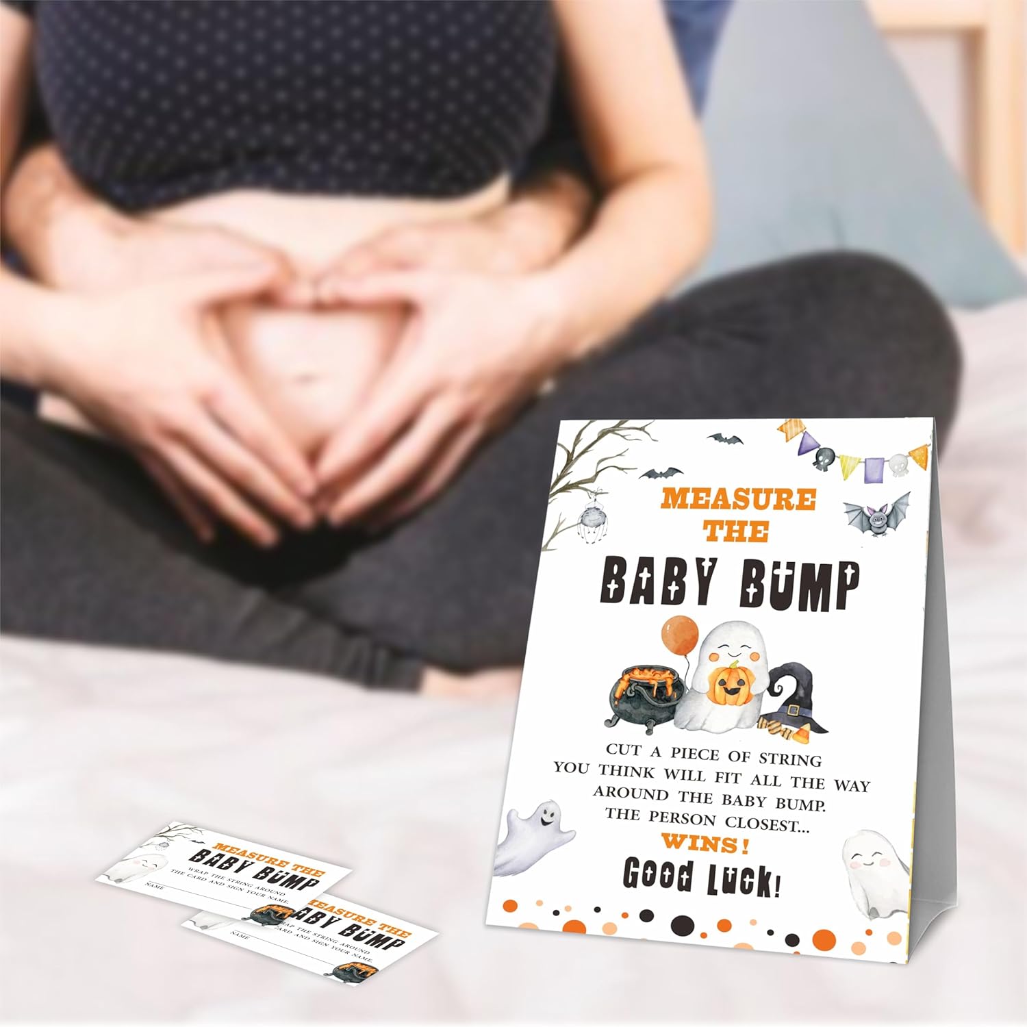 Baby Shower Measure The Baby Bump Kit de juego  Acuarela Halloween  1 letrero de pie y 50 boletos  How Big Is Mommy’s Belly Sign  Revela de género,