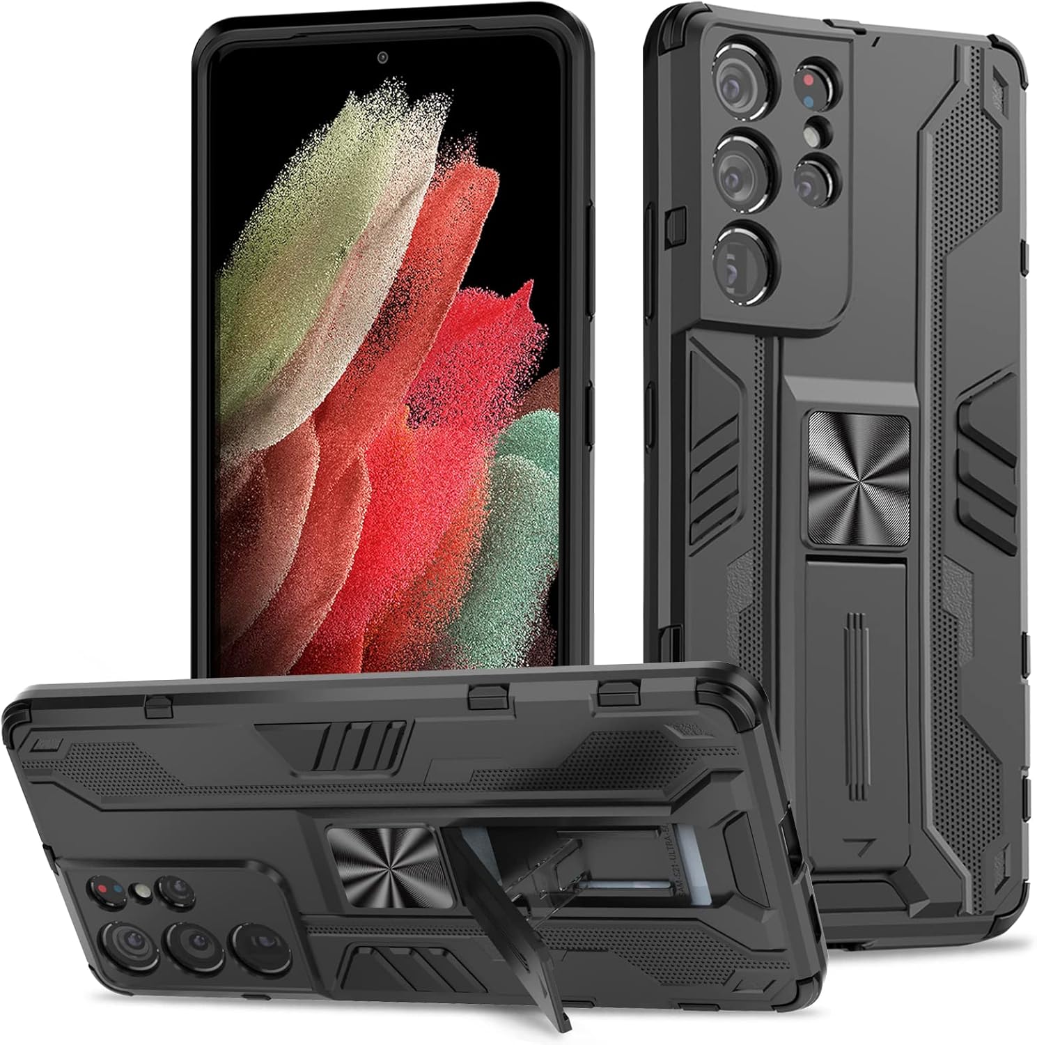Funda compatible con Samsung Galaxy S21 Ultra 5G, resistente a prueba de golpes con soporte protector Tough Armour – Negro