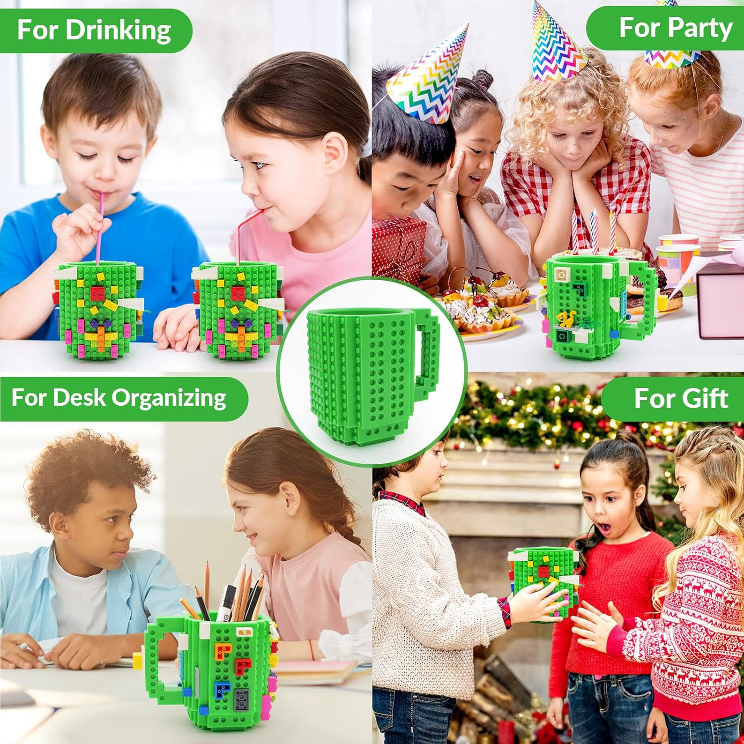 Build-on Brick Taza de café para construir con bloques, divertida, diseño de ladrillo, diseño creativo para niños, hombres, mujeres, Navidad,