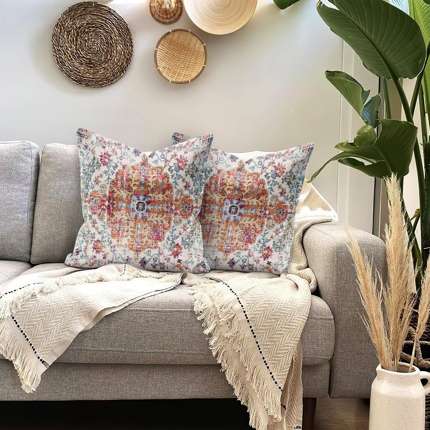 Juego de 2 fundas de almohada bohemias de 18 x 18 pulgadas, fundas de almohada decorativas para sofá, sala de estar, cama, funda de almohada de lino