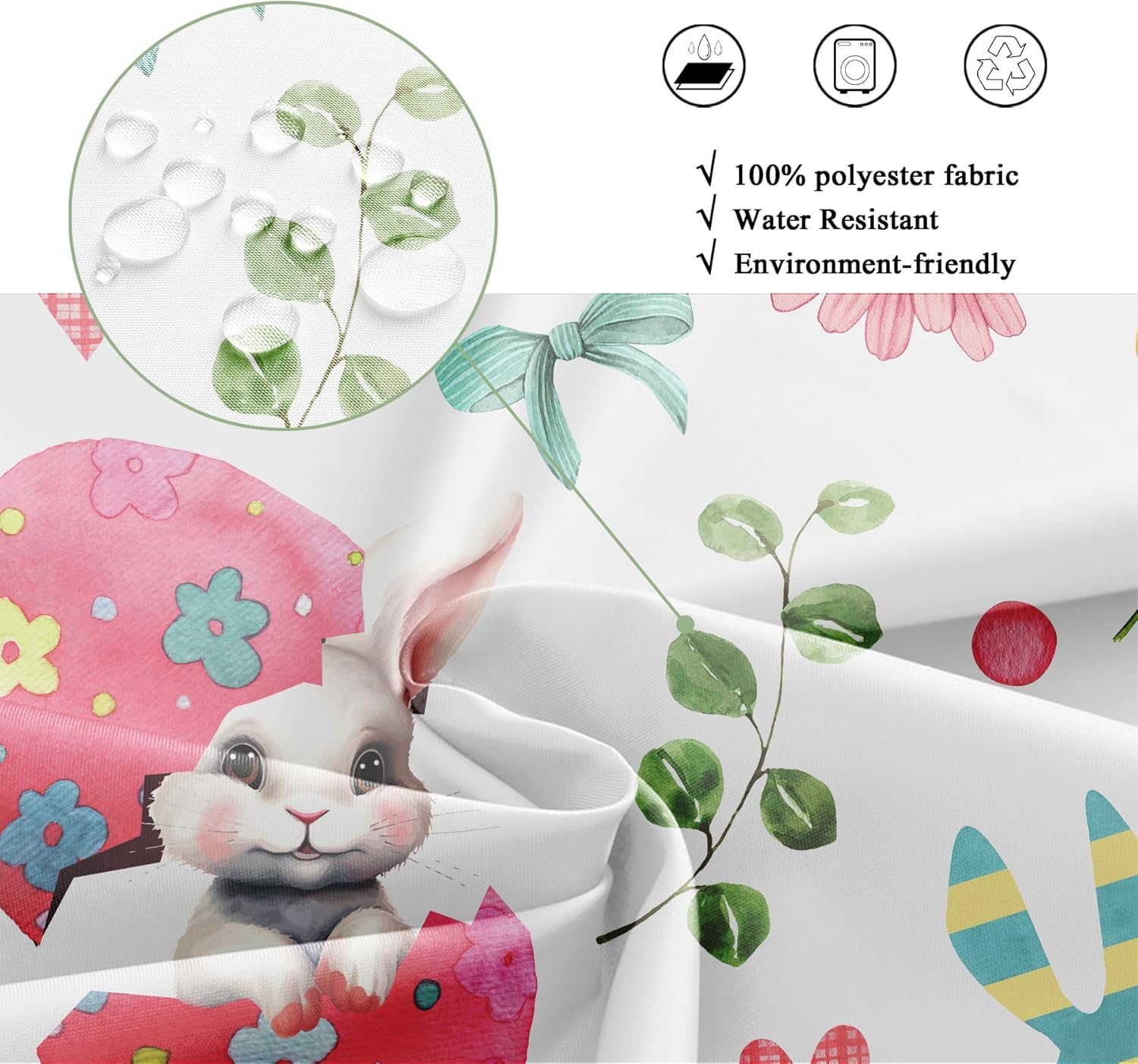 Riyidecor Cortina de ducha de conejo de Pascua para decoración de baño, 60 pulgadas de ancho x 72 pulgadas de alto, lindos huevos de conejo,