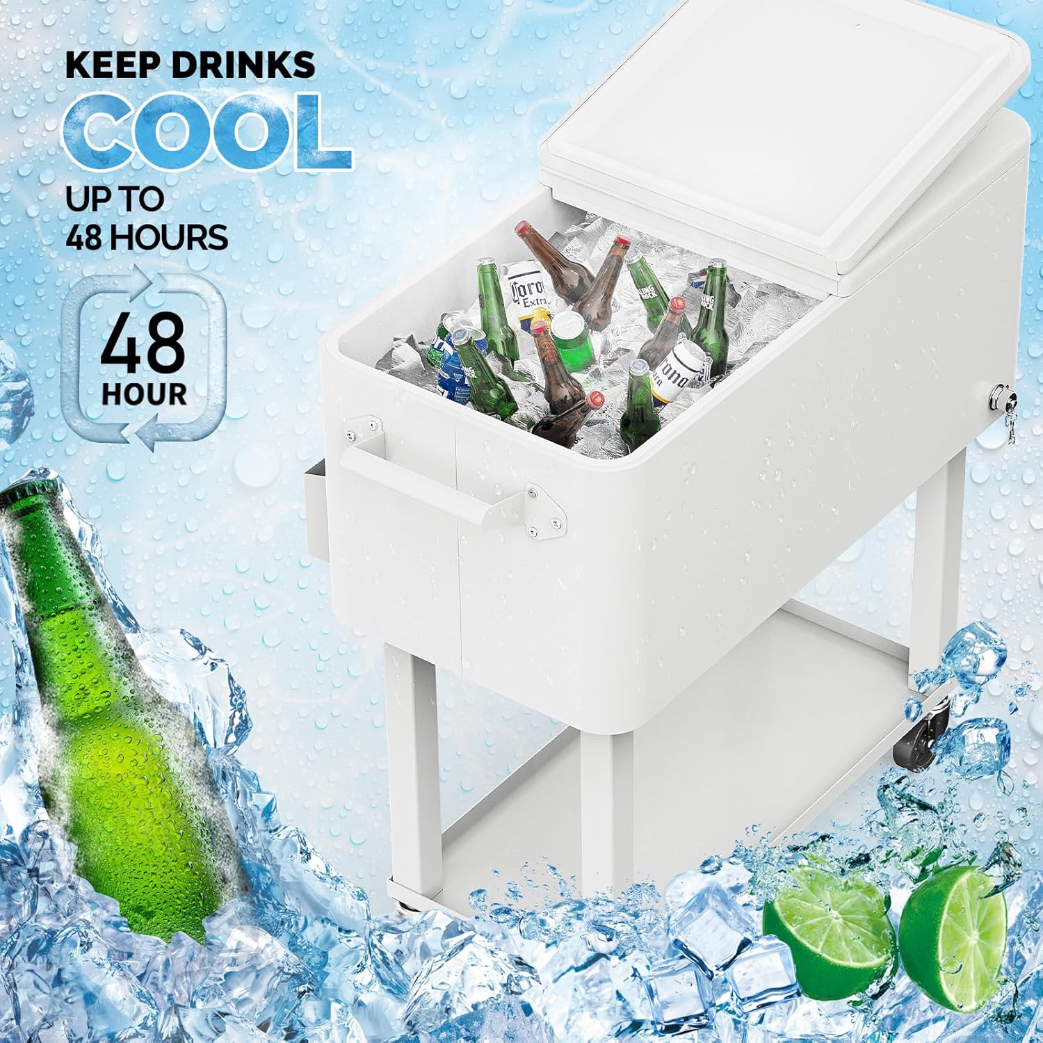 VINGLI Carrito rodante de 80 cuartos de galón con ruedas, enfriador de bebidas portátil para bar, fiesta de patio, piscina, baúl de hielo con