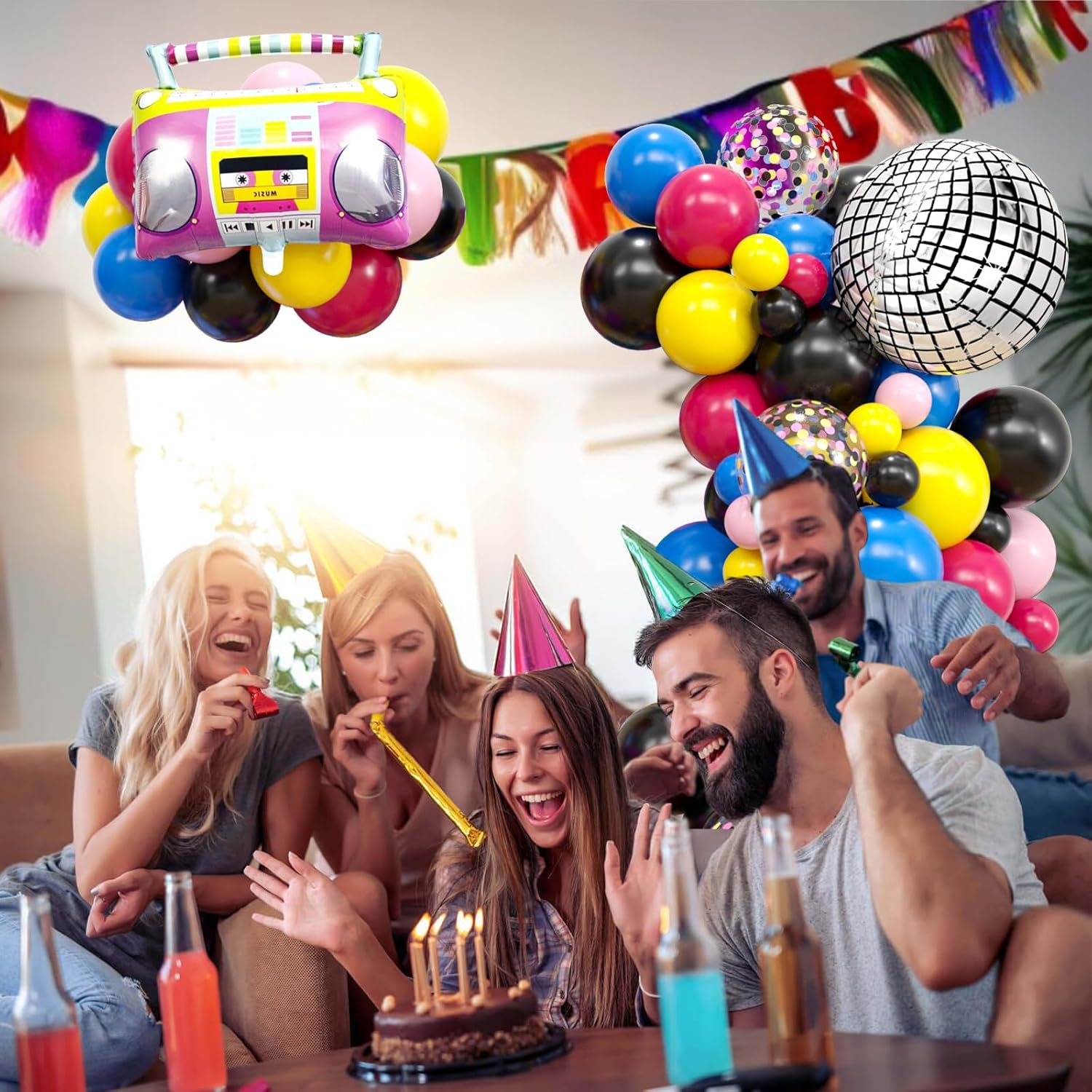 Decoraciones de fiesta temática de los años 80 y 90, kit de guirnalda de arco de globos de los años 80 y 90 con bola de discoteca inflable, radio,